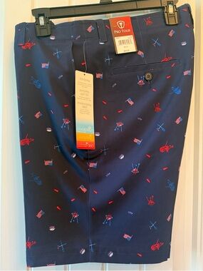 Men's Navy Printed Flat Front Golf Shorts
